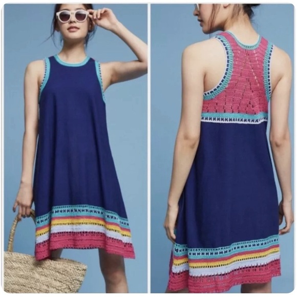 Anthropologie Dresses & Skirts - Akemi + Kin Small navy blue tank shift midi dress with colorful crochet details